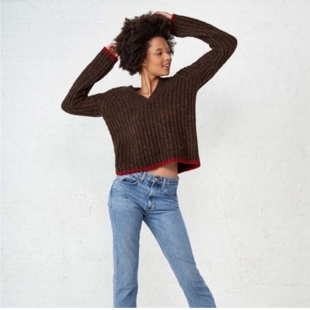 NWT La Ligne Wuzzy Oversized V-Neck Long Sleeve Sweater Brown Red Small